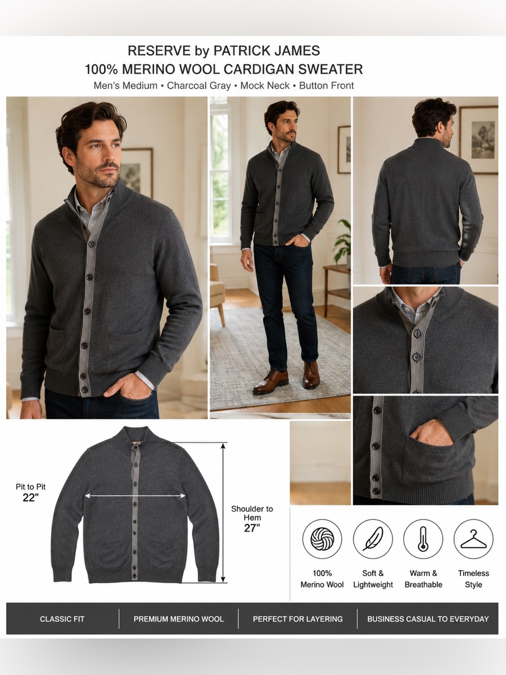 Reserve Patrick James 100% Merino Wool Cardigan Sweater Men's Medium Gray Mock N